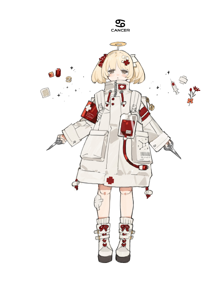 1girl :&lt; armband bandaged_leg bandages blonde_hair blood blush boots bow brown_eyes buttons cancer_(constellation) closed_mouth constellation cross cross-laced_footwear doll_joints fake_halo flower gem hair_bow hair_ornament halo holding holding_scissors intravenous_drip jacket joints liquid long_jacket long_sleeves looking_ahead looking_at_viewer original polka_dot polka_dot_bow red_armband red_bow red_cross red_flower red_gemstone scissors short_hair short_twintails starshadowmagician syringe twintails white_background white_bow white_footwear white_jacket zodiac