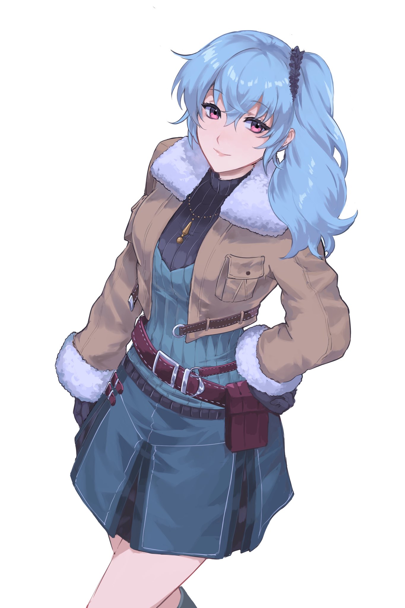 1girl belt belt_pouch blue_hair claire_rieveldt cropped_jacket eiyuu_densetsu fur_collar fur_trim gloves hands_on_own_hips highres jewelry kivavis looking_at_viewer necklace ponytail pouch sen_no_kiseki sen_no_kiseki_ii simple_background skirt smile solo violet_eyes white_background