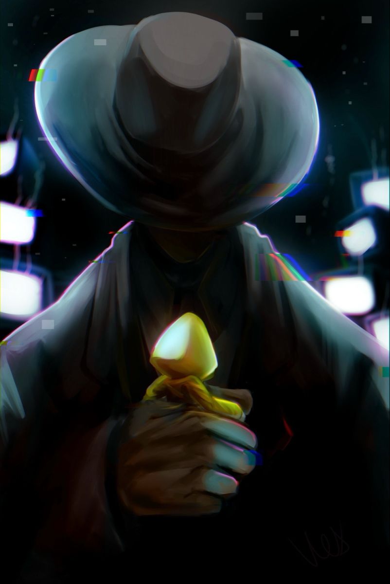 1boy 1girl captivity captured formal hat highres holding hood hood_up jacket little_nightmares_ii raincoat six_(little_nightmares) size_difference static suit television thin_man_(little_nightmares) top_hat vibecity7 yellow_jacket yellow_raincoat