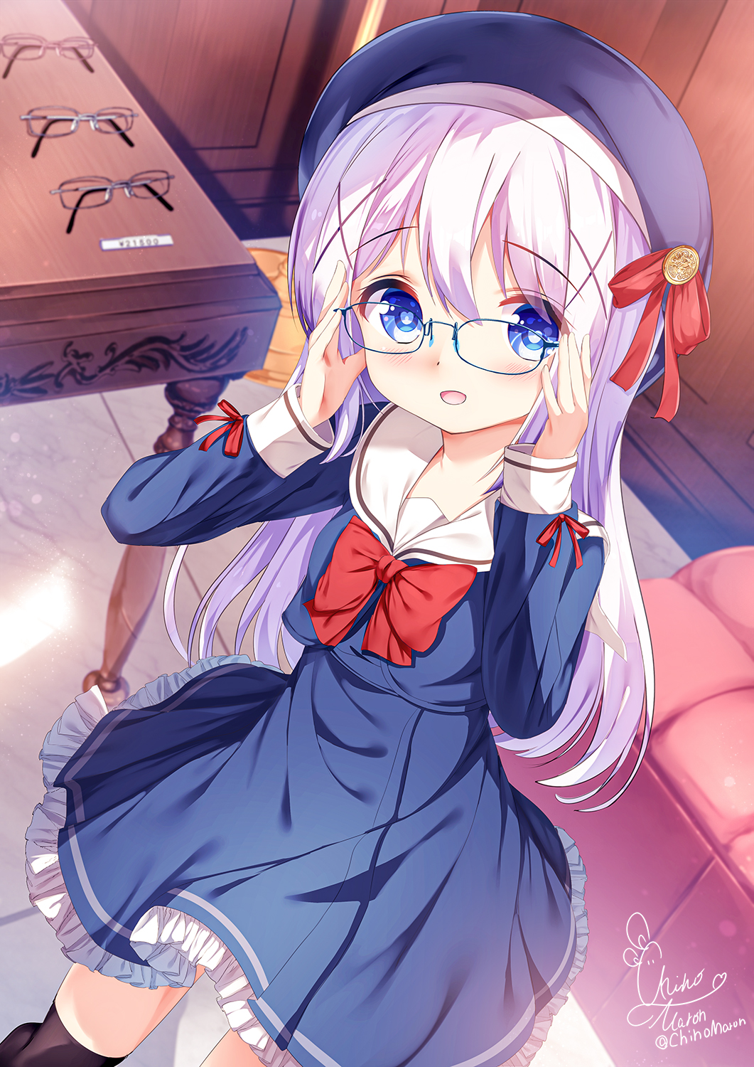 1girl :d adjusting_eyewear beret black_thighhighs blue-framed_eyewear blue_dress blue_eyes blue_headwear blue_jacket blush bow chinomaron commentary_request dress frilled_dress frills gochuumon_wa_usagi_desu_ka? hair_between_eyes hair_ornament hands_up hat highres indoors jacket kafuu_chino long_hair long_sleeves looking_at_viewer purple_hair red_bow sailor_collar signature sleeves_past_wrists smile solo table thigh-highs twitter_username very_long_hair white_sailor_collar x_hair_ornament