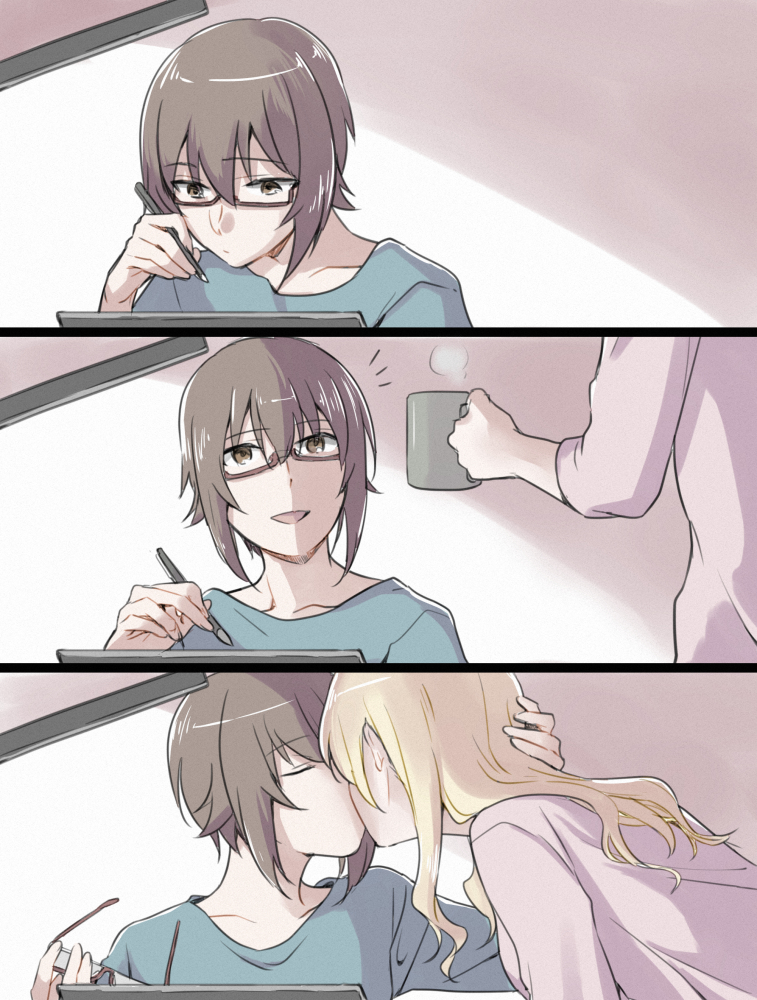 2girls alternate_hairstyle bespectacled black-framed_eyewear blue_shirt casual closed_eyes commentary cup darjeeling_(girls_und_panzer) girls_und_panzer glasses hair_down hand_on_another's_head holding holding_cup holding_pencil kiss leaning_forward long_hair looking_at_another multiple_girls nishizumi_maho notice_lines open_mouth pencil pink_shirt semi-rimless_eyewear shirt short_hair smile under-rim_eyewear yuri yuuhi_(arcadia)