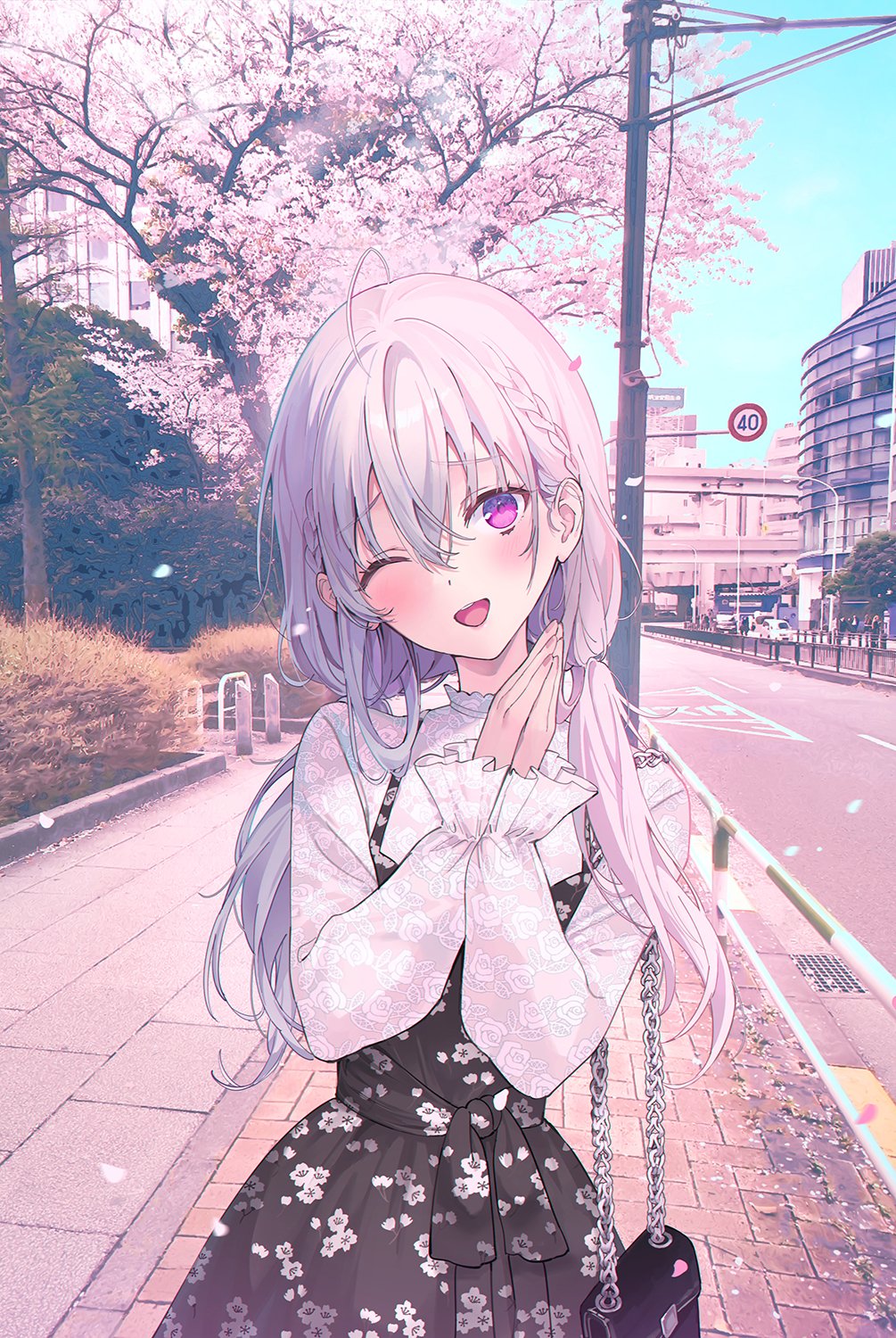 1girl ahoge bag black_bag black_dress blush braid brick_floor building bush cherry_blossoms collar dress floral_print frilled_collar frilled_sleeves frills grey_hair handbag highres lamppost long_hair long_sleeves looking_at_viewer low_twintails one_eye_closed original palms_together photo_background rangu road road_sign shirt sign smile solo street teeth tree twintails upper_teeth_only violet_eyes white_shirt