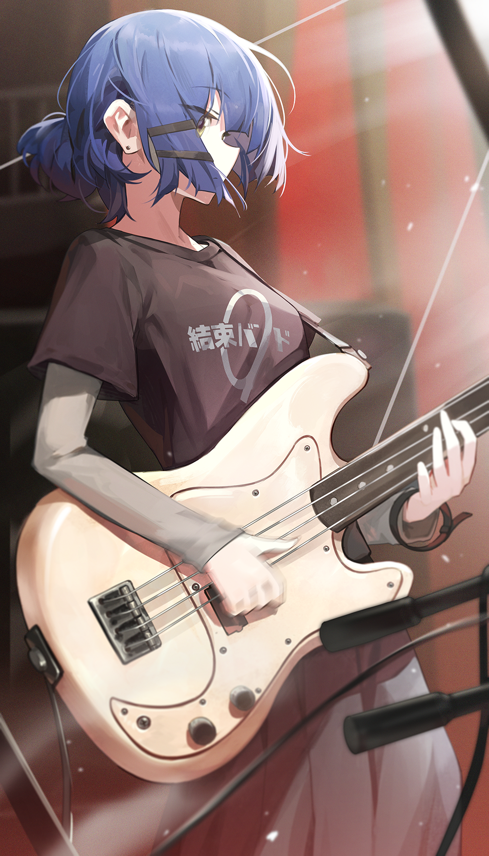 1girl bass_guitar black_shirt blue_hair blurry bocchi_the_rock! depth_of_field ear_piercing fender_jazz_bass from_side goomrrat hair_ornament hairclip highres holding holding_instrument instrument light_particles long_sleeves microphone_stand music piercing playing_instrument pleated_skirt shirt short_ponytail skirt t-shirt yamada_ryou yellow_eyes