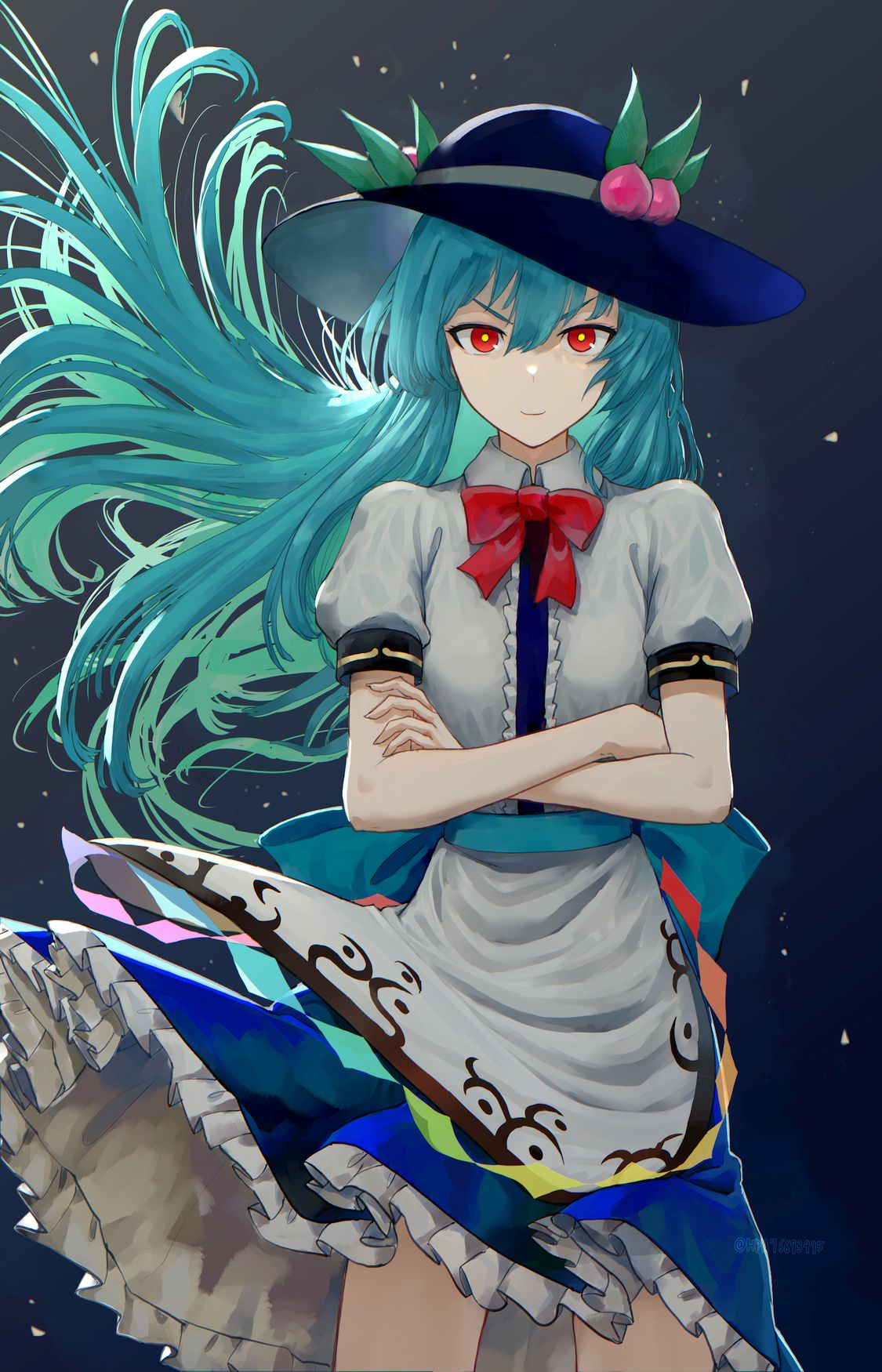1girl black_headwear blue_hair blue_skirt closed_mouth collared_shirt crossed_arms floating_hair frilled_skirt frills fruit_hat_ornament gunbuster_pose hair_between_eyes harapan-kun hat hat_ornament highres hinanawi_tenshi long_hair looking_at_viewer peach_hat_ornament rainbow_order red_eyes shirt short_sleeves skirt smile solo straight-on touhou twitter_username white_shirt