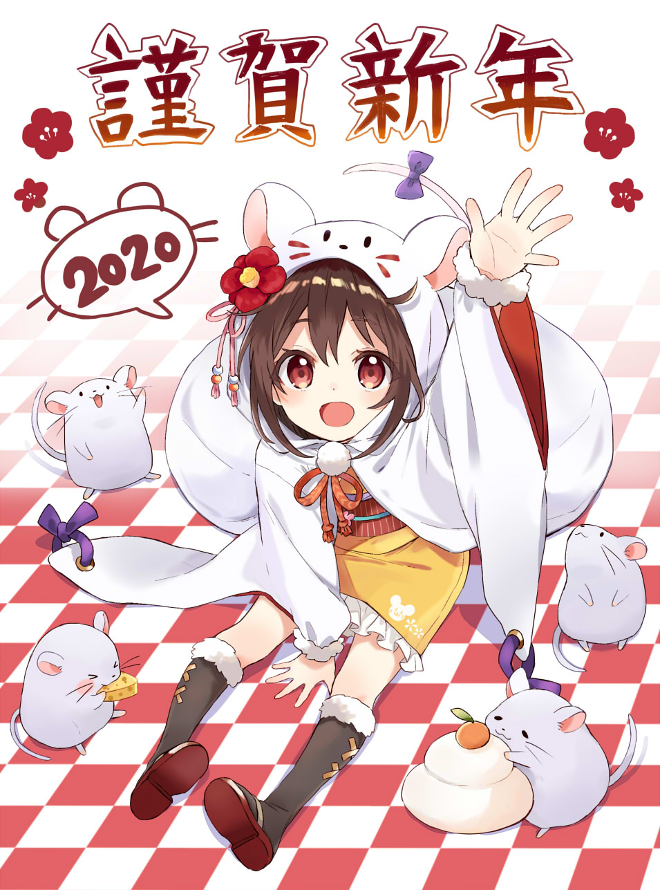 1girl 2020 animal_hood arm_up between_legs black_socks brown_hair checkered_floor cheese flower food frilled_skirt frills from_behind fur-trimmed_legwear fur_trim hand_between_legs highres hood kneehighs mouse mouse_tail nifu open_mouth original pom_pom_(clothes) red_eyes red_footwear skirt socks solo tail translation_request white_hood wide_sleeves yellow_skirt