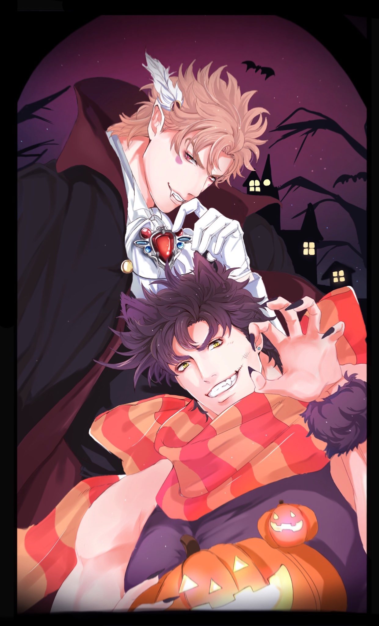 2boys animal_ears battle_tendency black_hair black_nails blonde_hair bow caesar_anthonio_zeppeli cape facial_mark fangs feather_hair fur_cuffs gloves halloween halloween_costume highres jack-o'-lantern jojo_no_kimyou_na_bouken male_focus multicolored_clothes multicolored_scarf multiple_boys orange_scarf paw_pose purple_hair r9exx red_scarf red_stone_of_aja scarf scarf_bow sky star_(sky) starry_sky striped striped_scarf vampire_costume vertical-striped_scarf vertical_stripes werewolf werewolf_costume white_gloves wolf_boy wolf_ears