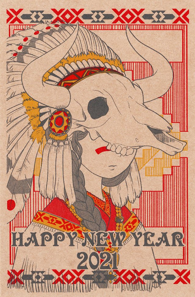1girl 2021 animal_skull border braid chinese_zodiac cloak closed_mouth covered_eyes english_text facial_mark feathers grey_hair hair_over_shoulder happy_new_year headdress horns limited_palette long_hair native_american_headdress original poncho portrait single_braid solo tokyo_mononoke year_of_the_ox