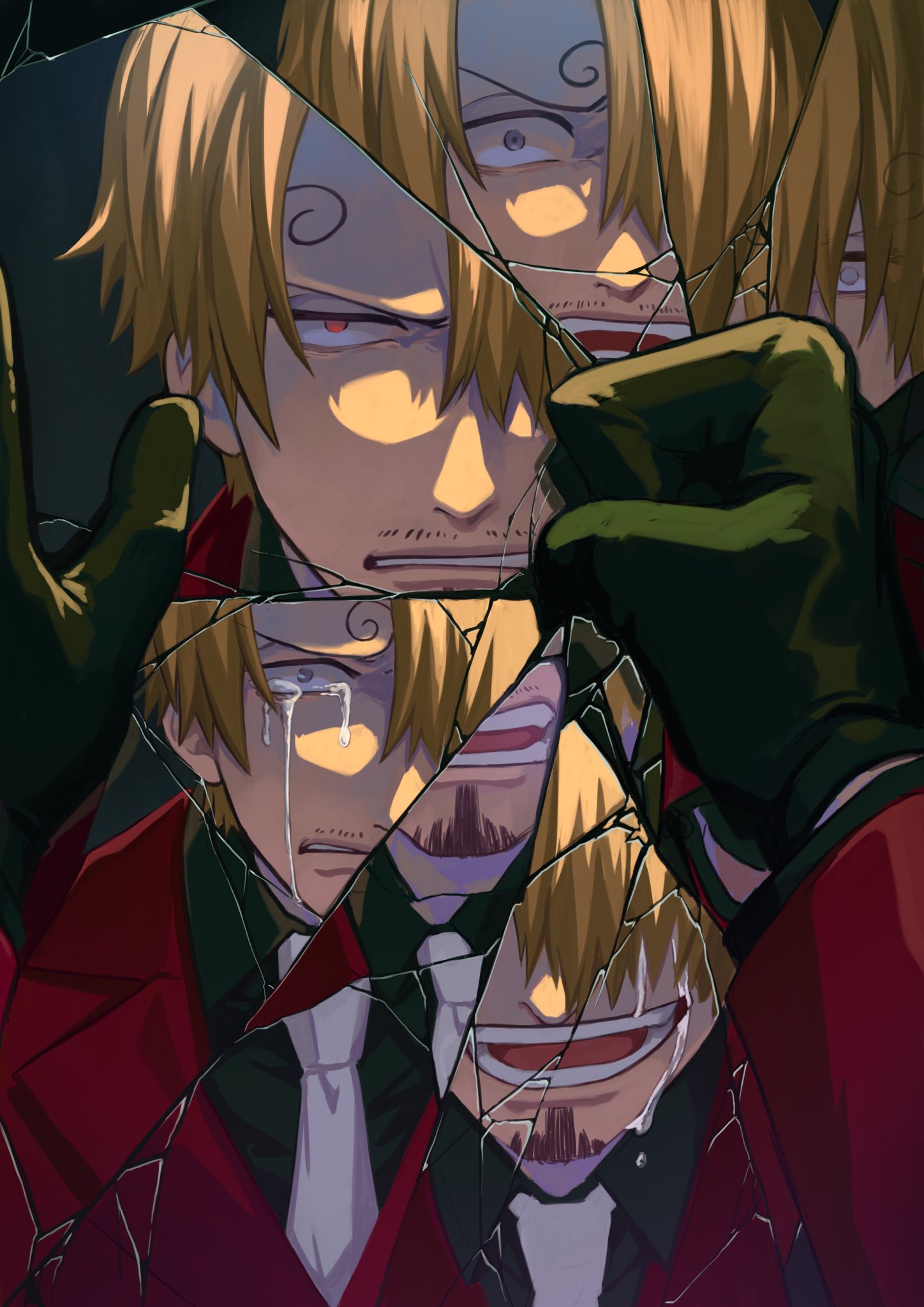 black_gloves blonde_hair blue_eyes broken_mirror clenched_hand crying crying_with_eyes_open curly_eyebrows different_reflection facial_hair formal gloves hair_over_one_eye highres jennyandloiryan long_sleeves male_focus mirror necktie one_piece red_eyes red_suit reflection sanji_(one_piece) short_hair suit tears