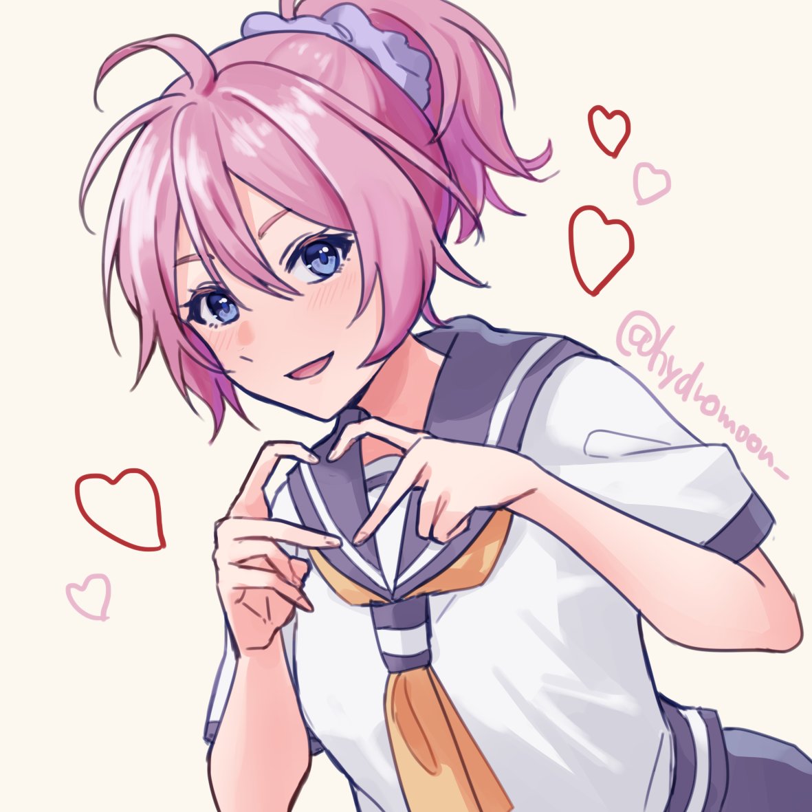 1girl aoba_(kancolle) blue_eyes blue_scrunchie hair_ornament hair_scrunchie heart heart_hands hydromoon kantai_collection looking_at_viewer messy_hair neckerchief one-hour_drawing_challenge ponytail purple_hair purple_sailor_collar sailor_collar sailor_shirt scrunchie shirt smile solo twitter_username upper_body white_shirt yellow_neckerchief