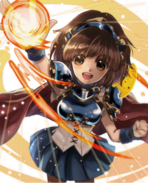 1boy 1girl arle_nadja armor blue_skirt blush brown_hair cape carbuncle_(puyopuyo) fire higurashi_73 looking_at_viewer madou_monogatari open_mouth ponytail puyopuyo red_cape shoulder_armor skirt smile solo