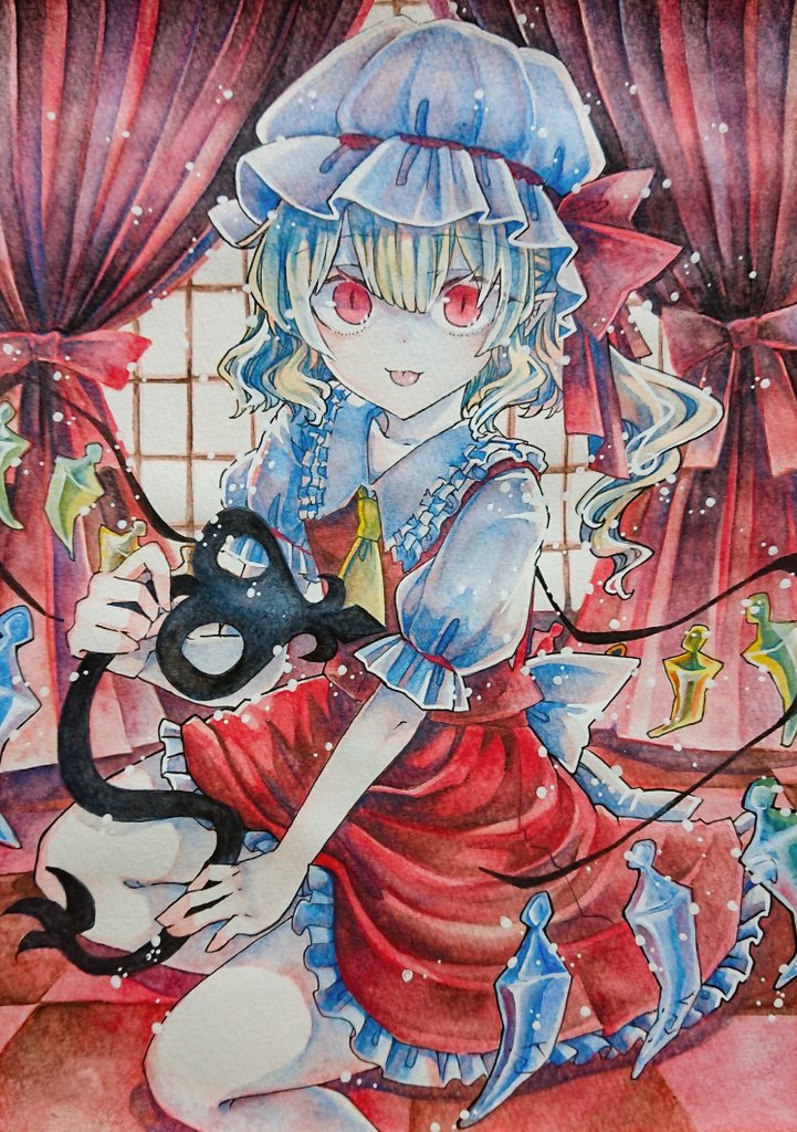 1girl back_bow bow chaka3464 checkered_floor collarbone crystal feet_out_of_frame flandre_scarlet frilled_shirt_collar frilled_skirt frilled_sleeves frills hat holding holding_polearm holding_weapon indoors laevatein_(touhou) looking_at_viewer making-of_available medium_hair mob_cap multicolored_wings on_floor polearm puffy_short_sleeves puffy_sleeves red_curtains red_eyes red_skirt red_vest shirt short_sleeves skirt skirt_set solo tongue tongue_out touhou traditional_media vest weapon white_bow white_headwear white_shirt window wings
