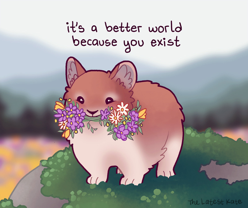 animal animal_ear_fluff animal_focus artist_name blurry blurry_background bouquet commentary english_commentary english_text flower flower_in_mouth grass hamster no_humans original plant purple_flower thelatestkate white_flower yellow_flower