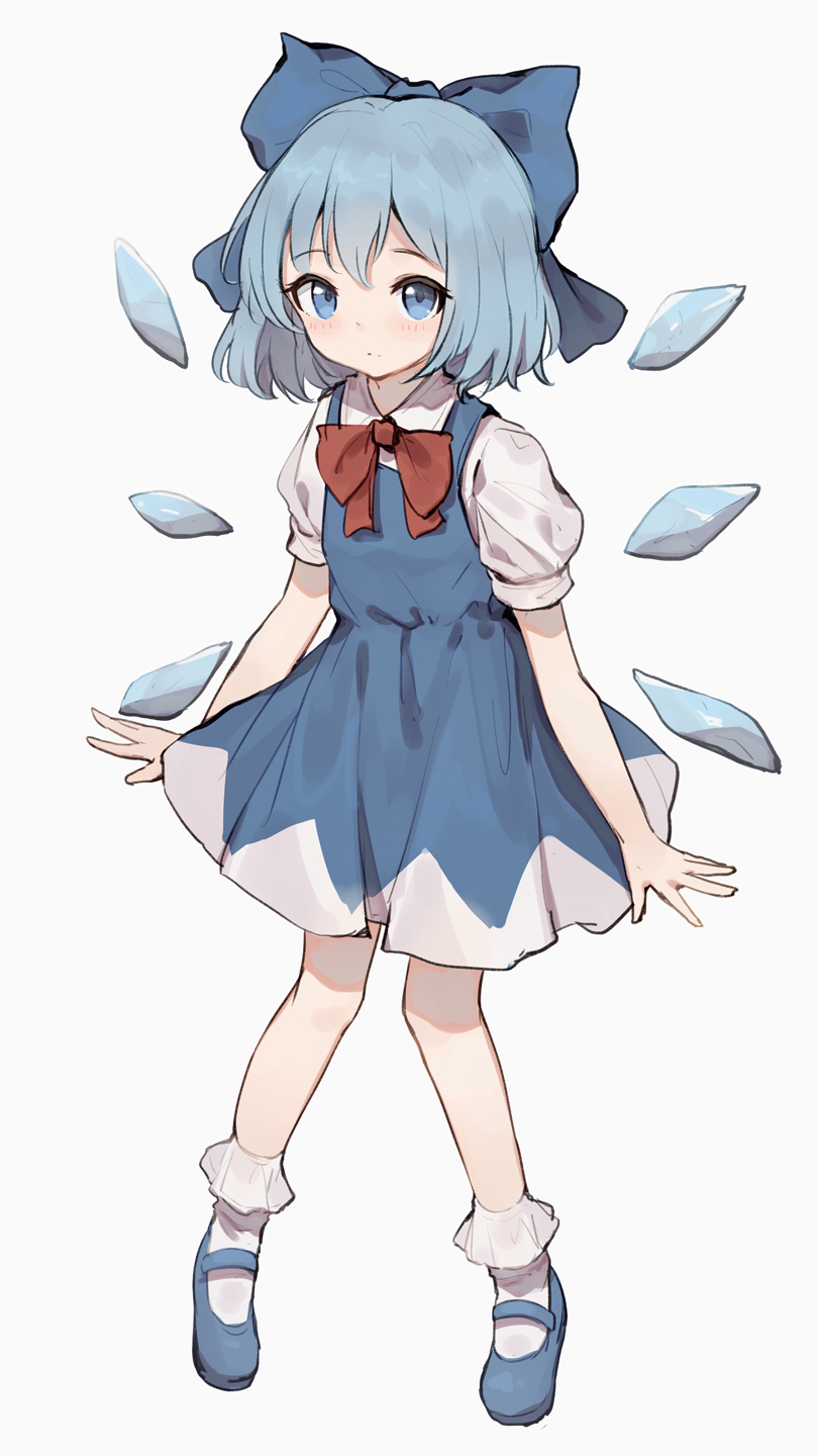 1girl bare_arms blue_bow blue_dress blue_eyes blue_footwear blue_hair bobby_socks bow bowtie cirno commentary dress full_body hair_between_eyes hair_bow highres ice ice_wings large_bow looking_at_viewer pinafore_dress puffy_short_sleeves puffy_sleeves red_bow red_bowtie shirt shoes shone short_hair short_sleeves simple_background sleeveless sleeveless_dress socks solo touhou white_background white_shirt white_socks wings