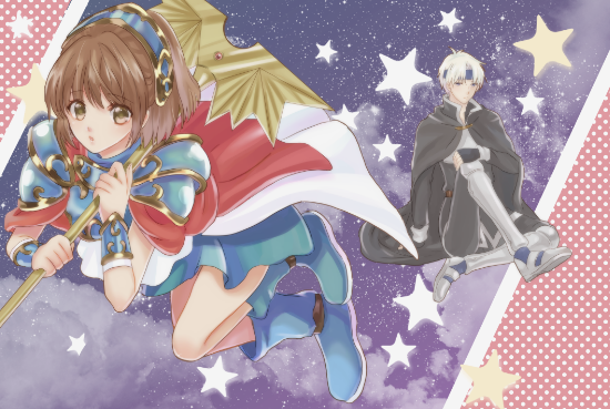 1boy 1girl arle_nadja armor black_cape blue_eyes blue_footwear blue_skirt boots brown_eyes brown_hair cape higurashi_73 holding holding_staff looking_at_viewer madou_monogatari puyopuyo schezo_wegey short_hair shoulder_armor sitting skirt staff star_(symbol) white_hair