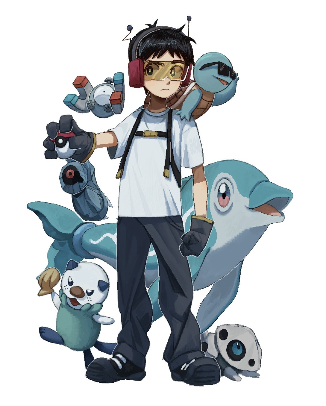 1boy 96a5b0 animification black_footwear black_gloves black_hair finizen full_body gloves goggles highres holding holding_poke_ball male_child pants poke_ball pokemon shoes south_park squirtle stan_marsh toolshed_(south_park) white_background