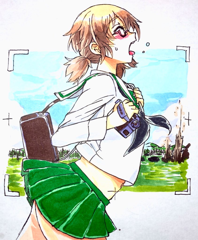 1girl bag black_neckerchief blouse blush brown_hair camera carrying closed_eyes commentary day from_side girls_und_panzer glasses green_skirt holding holding_camera leaning_forward long_sleeves low_twintails microskirt midriff nabeyu navel neckerchief ooarai_school_uniform open_mouth ou_taiga outdoors pleated_skirt sailor_collar satchel school_uniform semi-rimless_eyewear serafuku shirt short_hair skirt solo standing sweat tongue tongue_out traditional_media twintails under-rim_eyewear video_camera viewfinder white_sailor_collar white_shirt