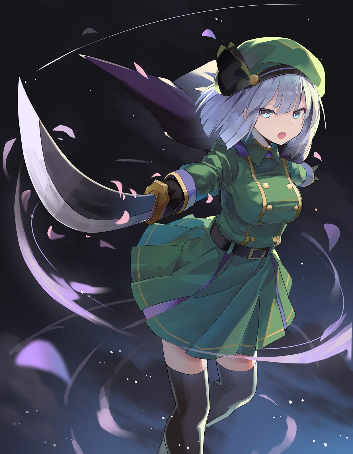 1girl :o alternate_costume aqua_eyes beret black_gloves black_thighhighs bob_cut dark_background dress falken_(yutozin) feet_out_of_frame foreshortening gloves green_dress green_headwear hat highres holding holding_sword holding_weapon katana konpaku_youmu long_sleeves looking_at_viewer open_mouth outstretched_arms petals photoshop_(medium) pleated_dress revision solo standing sword thigh-highs touhou weapon white_hair zettai_ryouiki