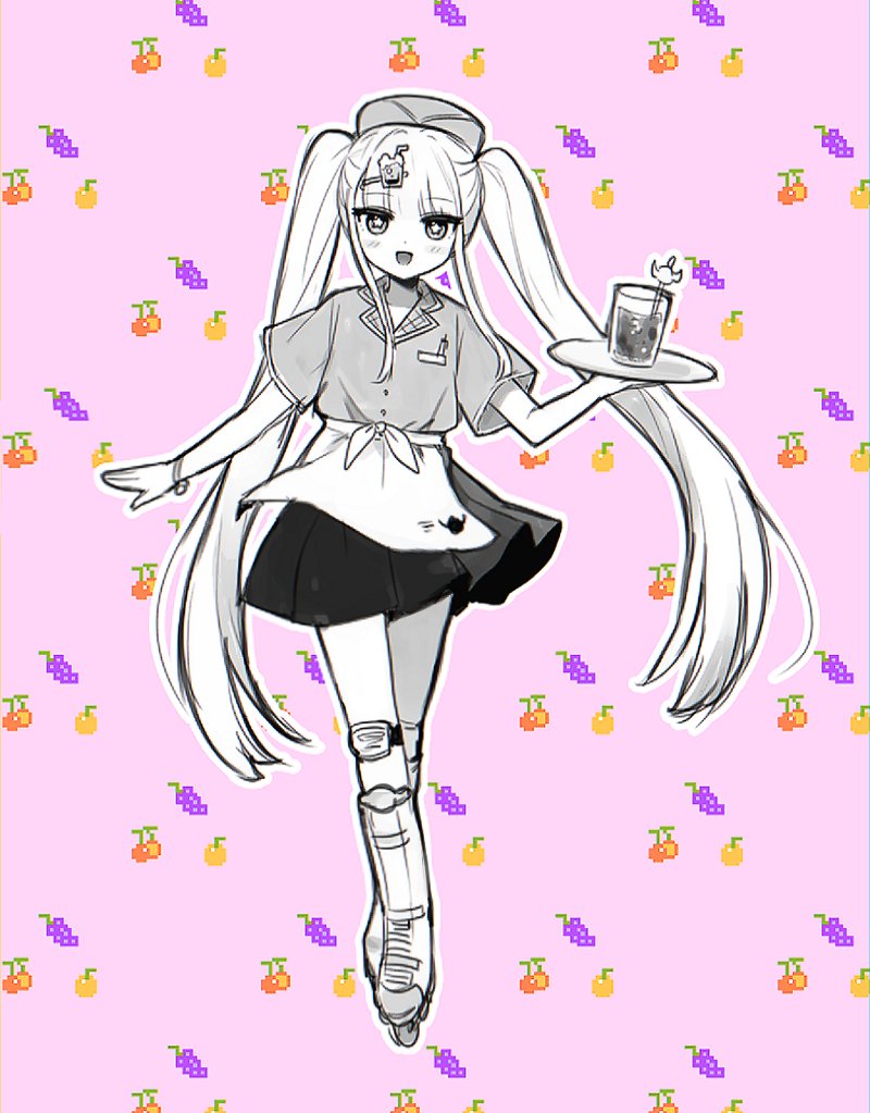 1girl apron aurora_sya_lis_kaymin binsusoda blush bracelet greyscale_with_colored_background hair_ornament hat holding holding_tray jewelry knee_pads long_hair looking_at_viewer maou-jou_de_oyasumi open_mouth pink_background roller_skates shirt short_sleeves skates smile solo star-shaped_pupils star_(symbol) symbol-shaped_pupils tray twintails very_long_hair waist_apron waitress