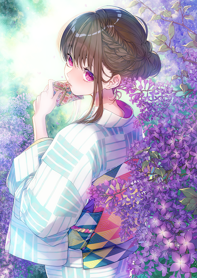 1girl braid branch brown_hair envelope flower hands_up holding holding_envelope japanese_clothes kimono lilac long_hair long_sleeves looking_at_viewer looking_back namanie nape obi original parted_lips purple_flower sash solo uroko_(pattern) violet_eyes white_kimono