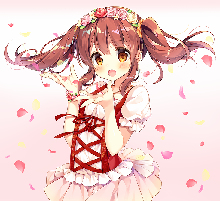 1girl blush bow bracelet brown_eyes brown_hair dot_nose dress falling_petals frilled_dress frills hair_bow hair_ornament hands_up head_wreath idolmaster idolmaster_cinderella_girls idolmaster_cinderella_girls_starlight_stage jewelry long_hair looking_at_viewer necklace ogata_chieri open_mouth petals pink_background puffy_short_sleeves puffy_sleeves short_sleeves simple_background smile solo suimya twintails white_dress