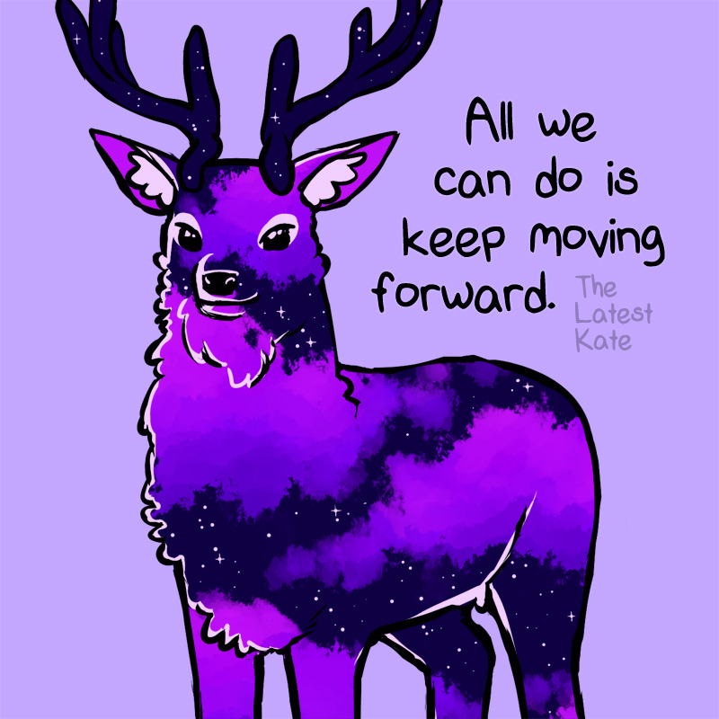 animal_ear_fluff animal_focus artist_name commentary deer english_commentary english_text galaxy looking_at_viewer no_humans original purple_background simple_background thelatestkate