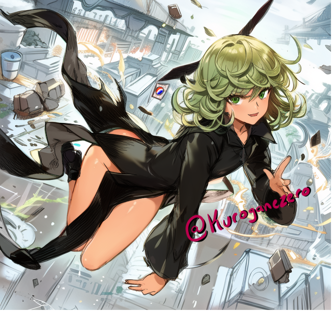 1girl :d bare_legs black_dress city collared_dress commentary_request curly_hair dress floating floating_clothes full_body green_eyes grey_hair groin kuroganezero long_sleeves looking_at_viewer medium_hair mixed-language_commentary one-punch_man open_mouth perspective shiny_skin smile solo spanish_commentary tatsumaki twitter_username wide_sleeves