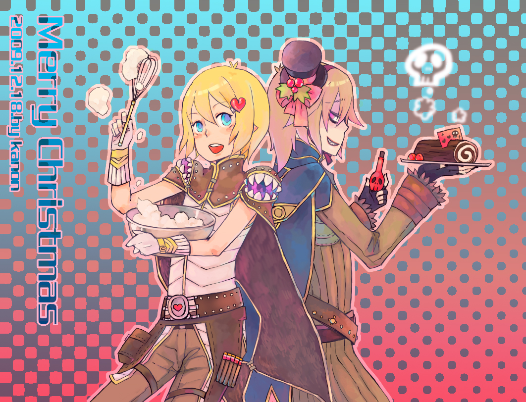 2boys alchemist_(ragnarok_online) artist_name back-to-back belt black_gloves blonde_hair blue_cape blue_eyes blush bow bowl brown_belt brown_cape brown_coat brown_pants cape coat commentary cowboy_shot creator_(ragnarok_online) dated fingerless_gloves gloves grin hair_between_eyes hair_ornament hat hat_bow heart heart_hair_ornament holding holding_bowl holding_plate holding_whisk holly holly_hat_ornament kanon_(rsl) light_brown_hair living_clothes long_bangs long_sleeves looking_at_viewer male_focus merry_christmas multiple_boys pants pink_bow plate poison pouch ragnarok_online round_teeth shaded_face sharp_teeth shirt short_hair skull smile teeth whipped_cream whisk white_gloves white_shirt yule_log