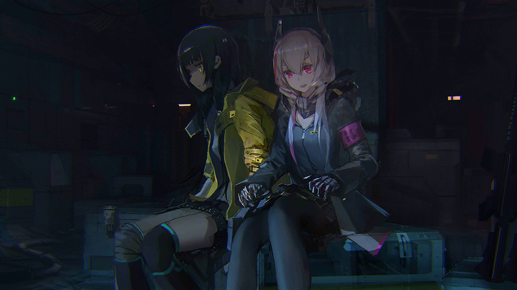 2girls artist_request assault_rifle bandana bandana_around_neck black_bandana black_hair black_jacket black_pantyhose black_skirt blonde_hair breasts closed_mouth crate dark feet_out_of_frame game_cg girls_frontline gun hair_between_eyes headgear heterochromia indoors jacket long_hair looking_down m4_sopmod_ii_(girls'_frontline) mechanical_hands multicolored_hair multiple_girls official_art open_mouth pantyhose red_armband red_eyes redhead rifle ro635_(girls'_frontline) skirt smile streaked_hair twintails weapon white_hair yellow_eyes yellow_jacket