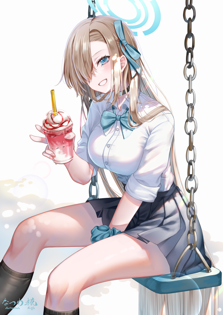 1girl artist_name asuna_(blue_archive) asymmetrical_bangs between_legs black_skirt black_socks blue_archive blue_choker blue_eyes blue_ribbon blue_scrunchie bow bowtie breasts buttons chain choker collared_shirt commentary_request condensation cup dappled_sunlight disposable_cup drinking_straw feet_out_of_frame fingernails frappuccino from_side grin hair_between_eyes hair_over_one_eye hair_ribbon halo hand_between_legs hand_up high-waist_skirt holding holding_cup kneehighs large_breasts lens_flare light_blush light_brown_hair long_hair looking_at_viewer looking_to_the_side loose_bowtie miniskirt natsume_koji pleated_skirt ribbon school_uniform scrunchie shirt sitting skirt sleeves_past_elbows sleeves_rolled_up smile socks solo sunlight swing tree_shade v very_long_hair white_background white_shirt wrist_scrunchie