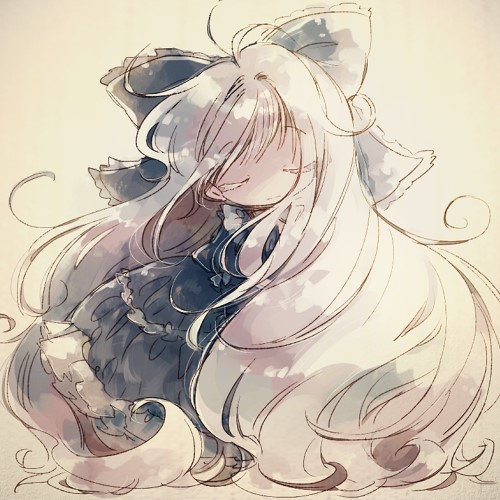 1girl absurdly_long_hair black_bow black_dress bow brown_background closed_eyes closed_mouth dress facing_viewer frilled_dress frills full_body grey_hair hair_bow large_bow long_dress long_hair lowres original rakuni solo split_mouth straight-on very_long_hair