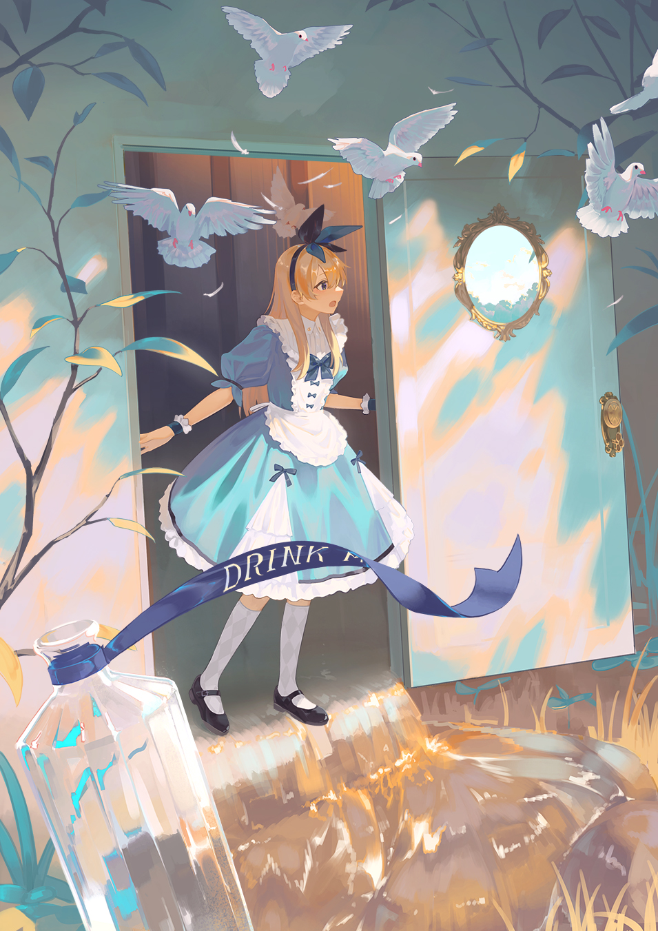 1girl alice_(alice_in_wonderland) alice_in_wonderland bird black_footwear blonde_hair blue_dress bottle branch dove dress english_text frilled_cuffs frilled_dress frills highres long_hair looking_afar mary_janes open_door open_mouth pinafore_dress puffy_short_sleeves puffy_sleeves shoes short_sleeves sleeveless sleeveless_dress socks solo wakuseiy white_socks wrist_cuffs