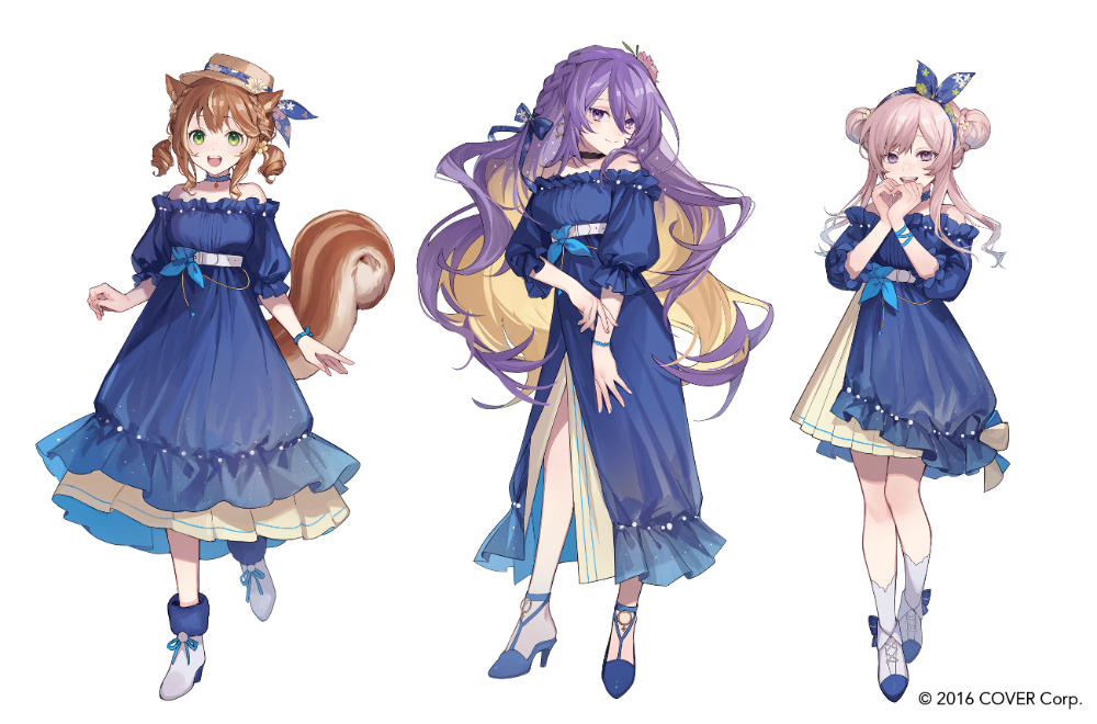 3girls :d airani_iofifteen animal_ears ankle_boots area_15 ayunda_risu belt black_choker blonde_hair blue_choker blue_dress blue_footwear blue_hairband blue_ribbon boots braid brown_hair bubble_skirt choker colored_inner_hair copyright double_bun dress flower french_braid full_body fur-trimmed_boots fur_trim green_eyes hair_between_eyes hair_bun hair_flower hair_ornament hairband hat hat_ribbon heart heart_hands high_heels hkina7 hololive hololive_indonesia layered_dress long_hair looking_at_viewer moona_hoshinova multicolored_hair multiple_girls off-shoulder_dress off_shoulder official_art pink_hair purple_hair ribbon short_twintails side_slit sidelocks simple_background skirt sleeves_past_elbows smile squirrel_ears squirrel_girl squirrel_tail standing swept_bangs tail teeth twintails upper_teeth_only violet_eyes virtual_youtuber white_background white_belt white_footwear wristband