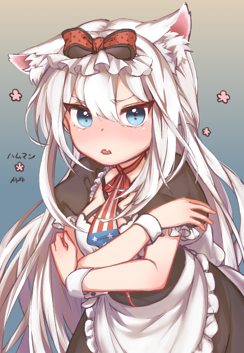 1girl american_flag american_flag_print animal_ear_fluff animal_ears apron azur_lane black_dress blue_eyes blush bow cat_ears character_name dress fang flag_print frilled_apron frilled_dress frills gradient_background hair_between_eyes hair_bow hammann_(azur_lane) highres ice_s_s_z long_hair looking_at_viewer necktie parted_lips print_necktie short_sleeves simple_background solo very_long_hair white_apron white_hair wrist_cuffs