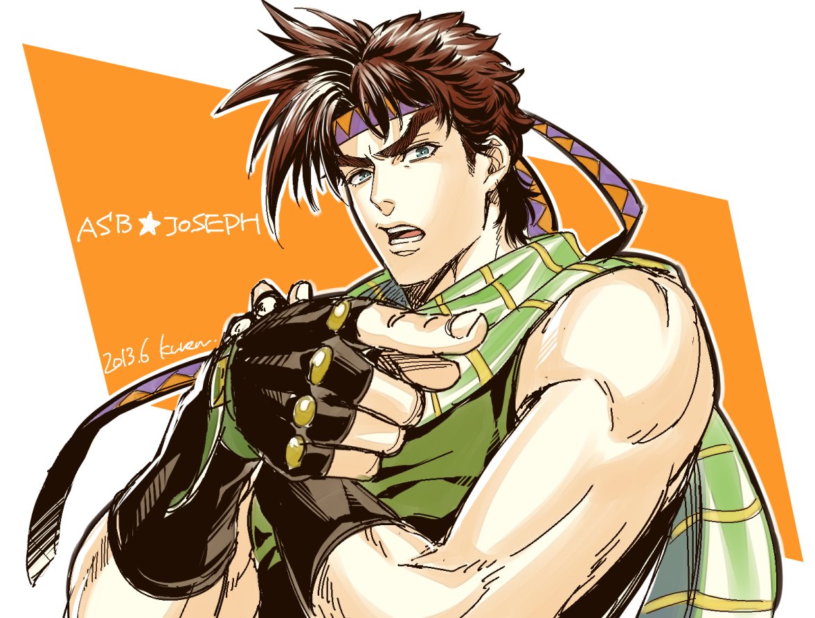 1boy battle_tendency blue_eyes brown_hair crossed_arms fingerless_gloves gloves green_eyes green_scarf headband jojo_no_kimyou_na_bouken jojo_no_kimyou_na_bouken:_all_star_battle joseph_joestar joseph_joestar_(young) kuren male_focus pointing scarf solo striped striped_scarf triangle_print vertical-striped_scarf vertical_stripes