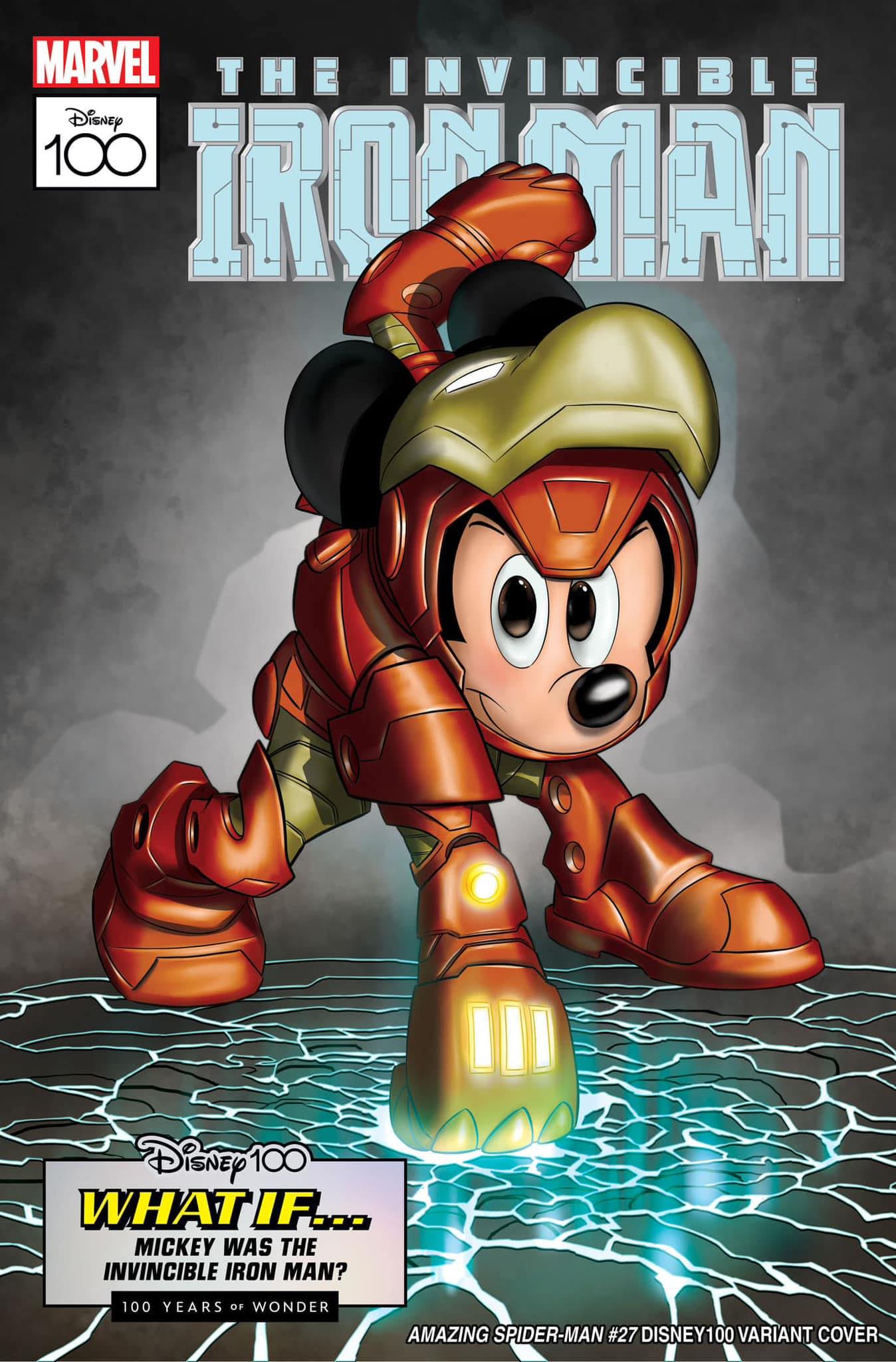 1boy animal_ears animal_nose anniversary claudio_sciarrone clenched_hand comic_cover cosplay dated disney english_commentary english_text fake_animal_ears full_body glowing glowing_eyes hand_on_ground highres iron_man iron_man_(cosplay) iron_man_(series) looking_at_viewer male_focus mammal marvel mecha mickey_mouse mickey_mouse_(series) no_humans official_art outstretched_arm robot rodent smile solo squatting western_comics_(style)