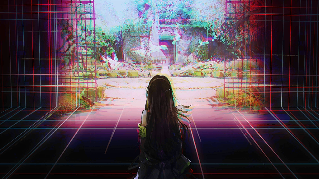 1girl bird black_hair chromatic_aberration clothes_around_waist cyberspace day flock from_behind game_cg garden gate girls_frontline green_armband green_hair hairband infukun jacket jacket_around_waist long_hair m4a1_(girls'_frontline) multicolored_hair official_art patio patio_swing plant sleeveless solo spoilers streaked_hair very_long_hair vines