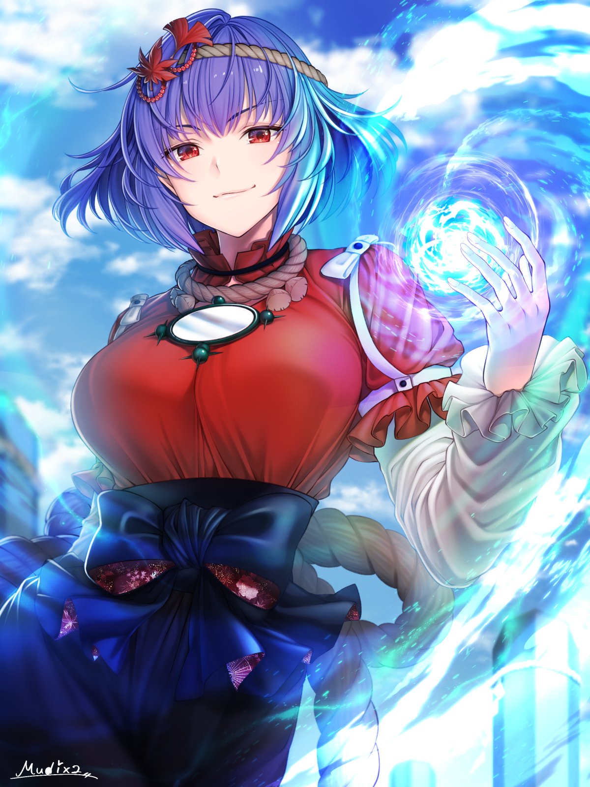 1girl black_skirt blue_sky breasts closed_mouth clouds commentary_request hair_ornament high-waist_skirt highres large_breasts leaf_hair_ornament looking_at_viewer mirror mitama_mudimudi outdoors purple_hair red_eyes red_shirt shirt short_hair signature skirt sky smile solo touhou yasaka_kanako