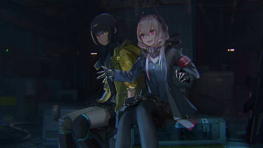2girls artist_request assault_rifle bandana bandana_around_neck black_bandana black_hair black_jacket black_pantyhose black_skirt blonde_hair breasts closed_mouth crate dark fang feet_out_of_frame game_cg girls_frontline gun hair_between_eyes headgear heterochromia indoors jacket light_smile long_hair looking_to_the_side m4_sopmod_ii_(girls'_frontline) mechanical_hands multicolored_hair multiple_girls official_art open_mouth pantyhose red_armband red_eyes redhead rifle ro635_(girls'_frontline) skin_fang skirt smile streaked_hair twintails weapon white_hair yellow_eyes yellow_jacket