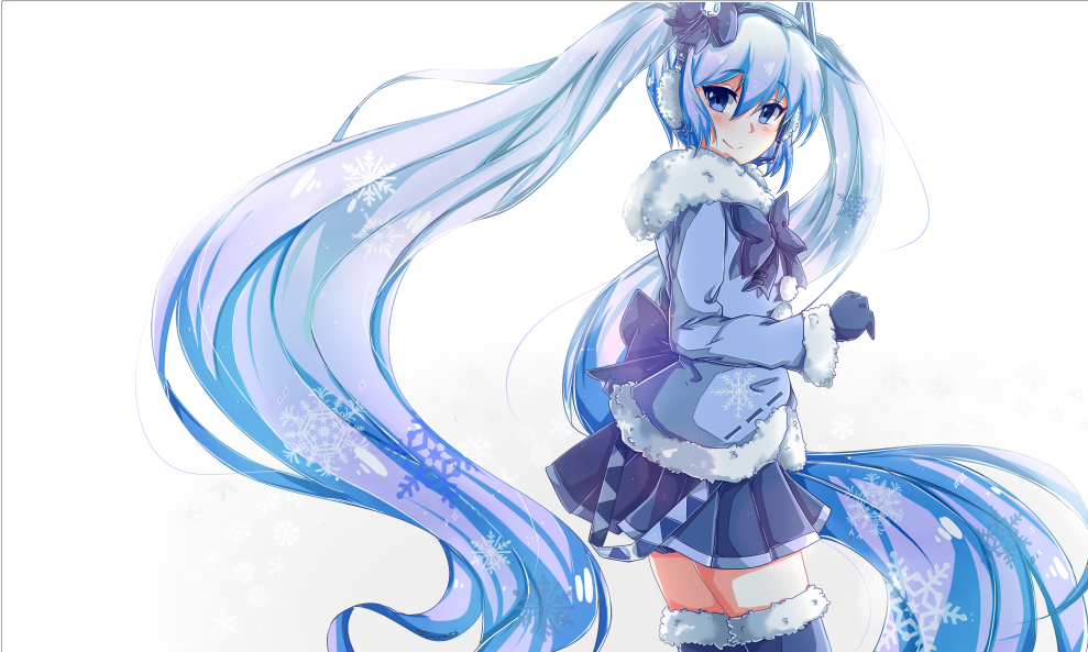 1girl blue_bow blue_bowtie blue_coat blue_eyes blue_gloves blue_hair blue_skirt blue_thighhighs bow bowtie coat commentary completion_time cowboy_shot earmuffs english_commentary floating_hair from_side fur-trimmed_coat fur-trimmed_sleeves fur-trimmed_thighhighs fur_trim gem_hair_ornament gloves hair_bow hair_ornament hatsune_miku jewelry light_blue_hair light_blush long_hair looking_at_viewer meluu miniskirt pleated_skirt skirt smile snowflake_print solo standing thigh-highs twintails very_long_hair vocaloid white_background yuki_miku yuki_miku_(2012)