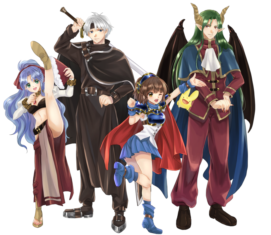 2girls 3boys arle_nadja armor blue_eyes blue_skirt brown_eyes brown_hair cape carbuncle_(puyopuyo) green_eyes high_kick higurashi_73 holding holding_sword holding_weapon horns kicking looking_at_viewer madou_monogatari multiple_boys multiple_girls one_eye_closed puyopuyo red_cape red_eyes rulue_(puyopuyo) satan_(puyopuyo) schezo_wegey shoulder_armor simple_background skirt sword weapon white_background white_hair wings