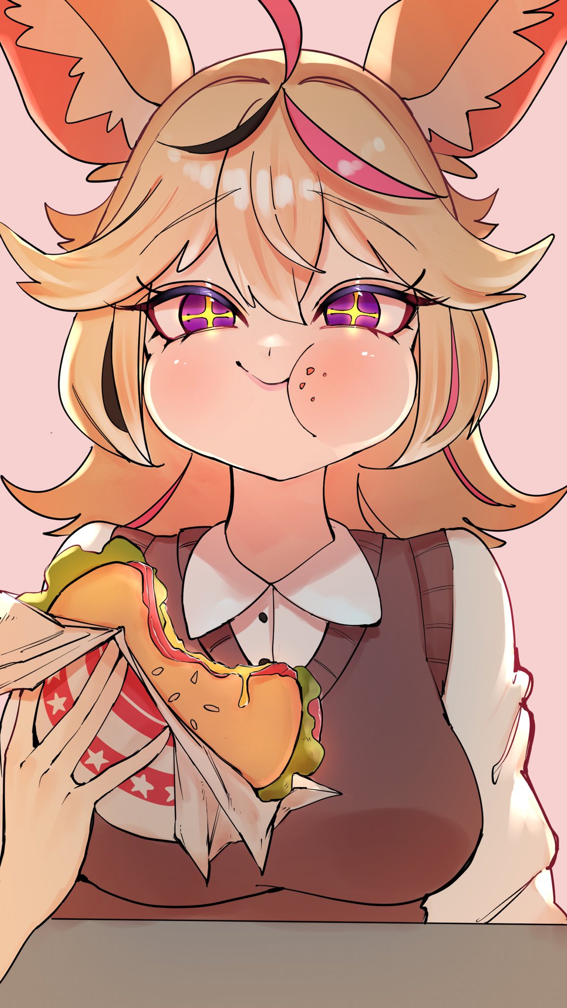 +_+ 1girl alternate_costume animal_ear_fluff animal_ears black_hair blonde_hair breasts brown_cardigan burger cardigan cardigan_vest casual chewing closed_mouth eating fast_food food food_in_mouth food_on_face fox_ears fox_girl hair_between_eyes hair_ornament highres holding holding_food hololive layered_clothes long_hair looking_at_viewer messy_hair multicolored_hair omaru_polka pink_hair shirt simple_background smile solo streaked_hair violet_eyes virtual_youtuber white_shirt yuuppi