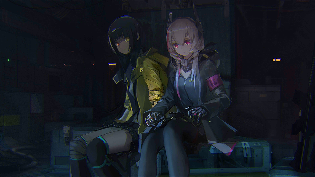 2girls artist_request assault_rifle bandana bandana_around_neck black_bandana black_hair black_jacket black_pantyhose black_skirt blonde_hair breasts closed_mouth crate dark feet_out_of_frame game_cg girls_frontline gun hair_between_eyes headgear heterochromia indoors jacket light_frown long_hair looking_down m4_sopmod_ii_(girls'_frontline) mechanical_hands multicolored_hair multiple_girls official_art pantyhose red_armband red_eyes redhead rifle ro635_(girls'_frontline) skirt streaked_hair twintails weapon white_hair yellow_eyes yellow_jacket