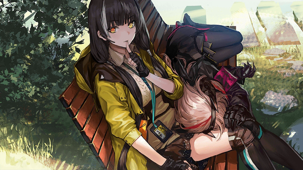 2girls artist_request bench black_gloves black_hair black_jacket black_pantyhose black_skirt black_thighhighs blonde_hair breasts check_artist closed_mouth day earpiece feet_out_of_frame finger_to_mouth fingerless_gloves game_cg girls_frontline gloves grass headgear heterochromia hood hooded_jacket id_card infukun jacket lanyard lap_pillow large_breasts long_hair looking_at_viewer lying m4_sopmod_ii_(girls'_frontline) mechanical_hands multicolored_hair multiple_girls official_art orange_eyes outdoors pantyhose park_bench red_armband redhead ro635_(girls'_frontline) rock sitting sitting_on_bench skirt streaked_hair sweater thigh-highs tree twintails white_hair white_sweater yellow_eyes yellow_jacket