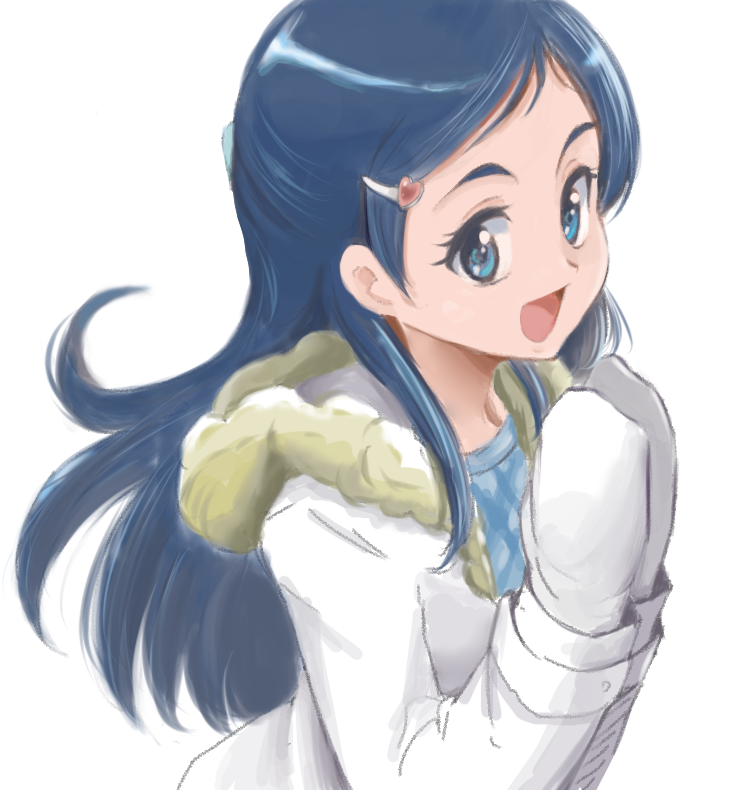 1girl :o blue_eyes blue_hair coat commentary_request eyelashes fur-trimmed_coat fur_trim futari_wa_precure hair_ornament hairclip happy long_hair looking_at_viewer mittens open_mouth precure simple_background smile solo standing uraki white_background white_coat white_mittens winter_clothes winter_coat yukishiro_honoka