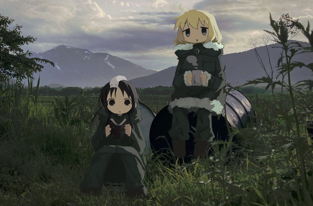 2girls ahoge black_eyes black_hair blonde_hair blue_eyes book brown_footwear chito_(shoujo_shuumatsu_ryokou) clouds cloudy_sky coat creature_on_head cup day drum_(container) enpera foliage full_body fur-trimmed_coat fur-trimmed_hood fur_trim green_coat green_pants hair_over_shoulder holding holding_book holding_cup hood hooded_coat knees_up light_blush long_sleeves looking_at_viewer low_twintails military military_uniform mountainous_horizon mug multiple_girls no_sclera nuko_(shoujo_shuumatsu_ryokou) odayaka open_book open_mouth outdoors pants photo_background scenery shoes shoujo_shuumatsu_ryokou sitting sitting_on_object sky smile steam tall_grass tareme twintails uniform yuuri_(shoujo_shuumatsu_ryokou)