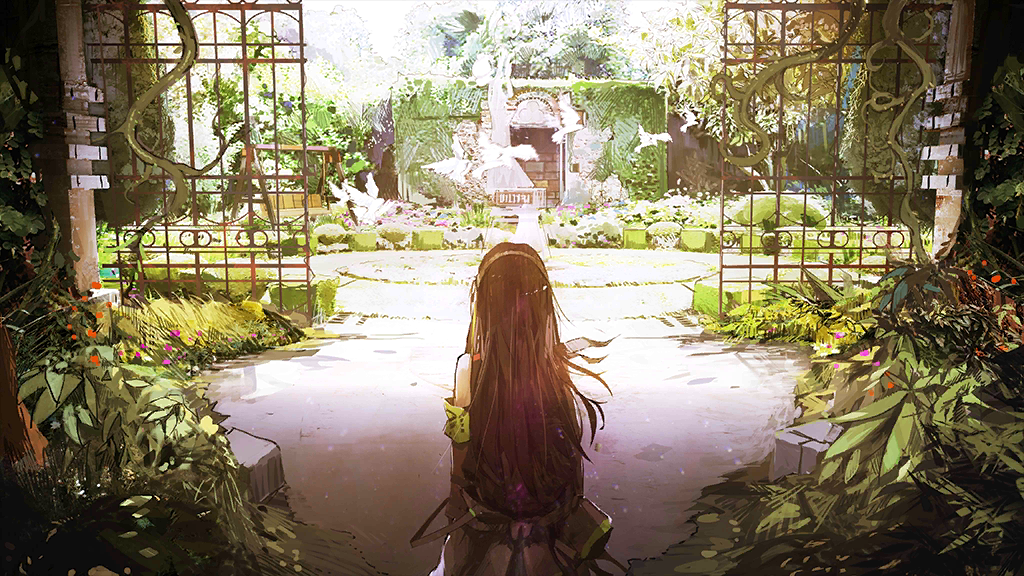 1girl bird black_hair clothes_around_waist day flock foliage from_behind game_cg garden gate girls_frontline green_armband green_hair hairband infukun jacket jacket_around_waist long_hair m4a1_(girls'_frontline) multicolored_hair official_art overgrown patio patio_swing plant sleeveless solo spoilers streaked_hair very_long_hair vines
