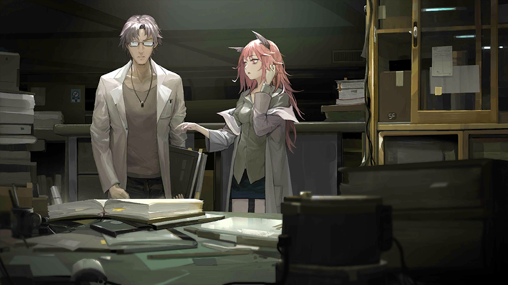 1boy 1girl adjusting_hair animal_ears artist_request bags_under_eyes binder black_pants black_skirt book bookmark box breasts cabinet cardboard_box cat_ears coat cup desk folder game_cg girls_frontline glass grey_hair holding holding_folder indoors initial jewelry lab_coat long_hair long_sleeves looking_at_another lycoris_(girls'_frontline) medium_breasts messy messy_hair mug necklace note notebook object_request off_shoulder office official_art open_book pants paper pen persica_(girls'_frontline) pink_hair pointing rectangular_eyewear sangvis_ferri scientist shirt short_hair skirt sticky_note very_long_hair white_coat