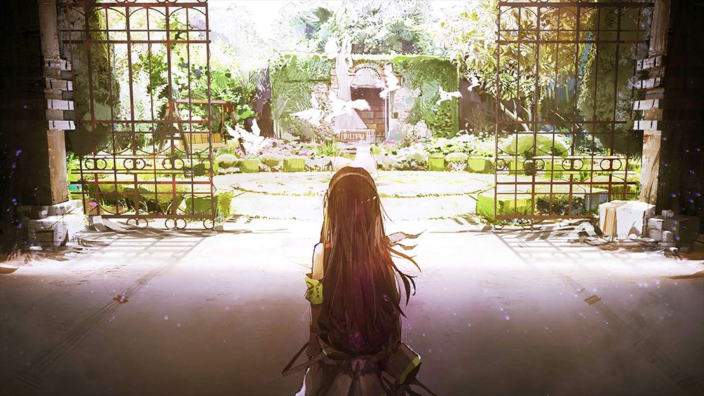 1girl bird black_hair clothes_around_waist day flock from_behind game_cg garden gate girls_frontline green_armband green_hair hairband infukun jacket jacket_around_waist long_hair m4a1_(girls'_frontline) multicolored_hair official_art patio patio_swing sleeveless solo spoilers streaked_hair very_long_hair