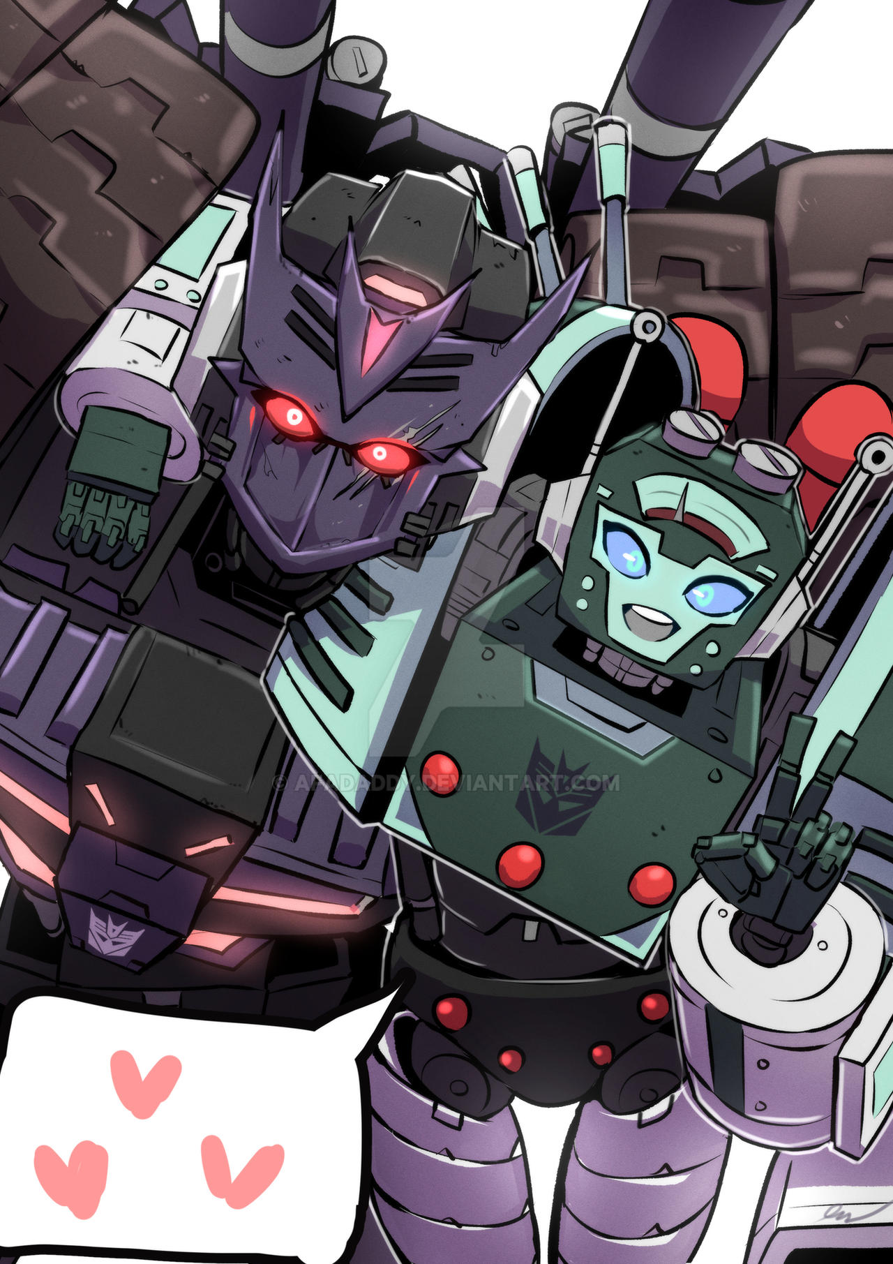 1boy 1girl afadaddy armor blue_eyes can't_be_this_cute decepticon highres humanoid_robot mask nickel_(transformers) purple_mask red_eyes robot scar scar_across_eye size_difference tarn the_transformers_(idw) transformers v