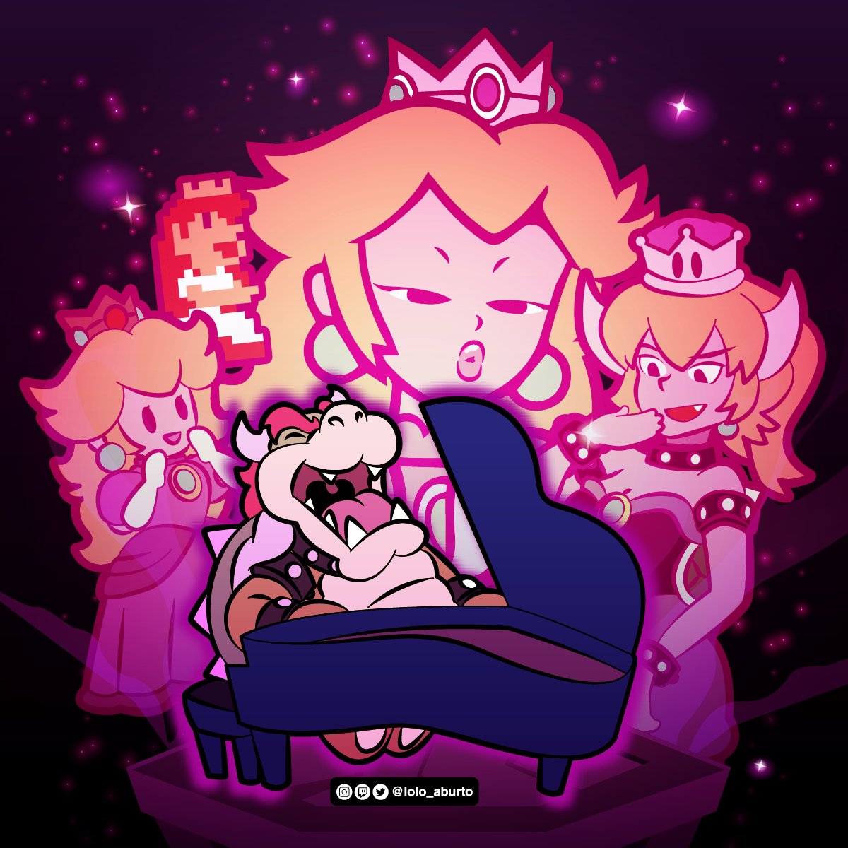 8-bit :d black_dress blonde_hair bowser bowsette chair closed_eyes crown dress earrings gloves highres horns instrument jewelry lips lolo_aburto long_hair music open_mouth orange_hair paper_mario piano pink_dress playing_instrument princess_peach singing sky smile star_(sky) starry_sky super_crown super_mario_bros. super_mario_bros._1 the_super_mario_bros._movie white_gloves